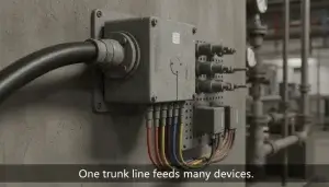 a robust industrial junction box A single thick cable representing a trunk lin
