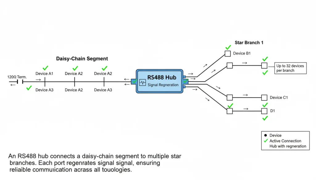 an RS485 network topology with a central hub Overall Layout