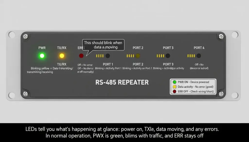 an industrial RS485 repeater showing all LED indicators
