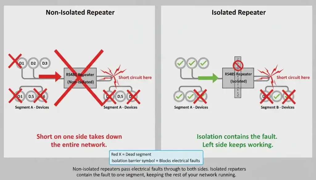 comparison showing how a short circuit affects non isolated vs isolated repeaters