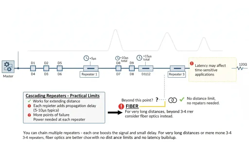 multiple repeaters chained together in a long distance RS485 network