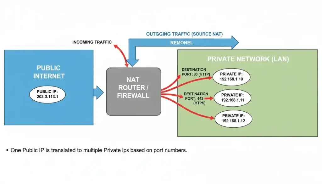 one public IP on the left multiple private IPs on the right Arrows show mapping be