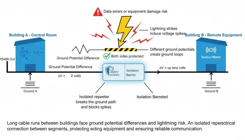 two buildings with electrical isolation challenges
