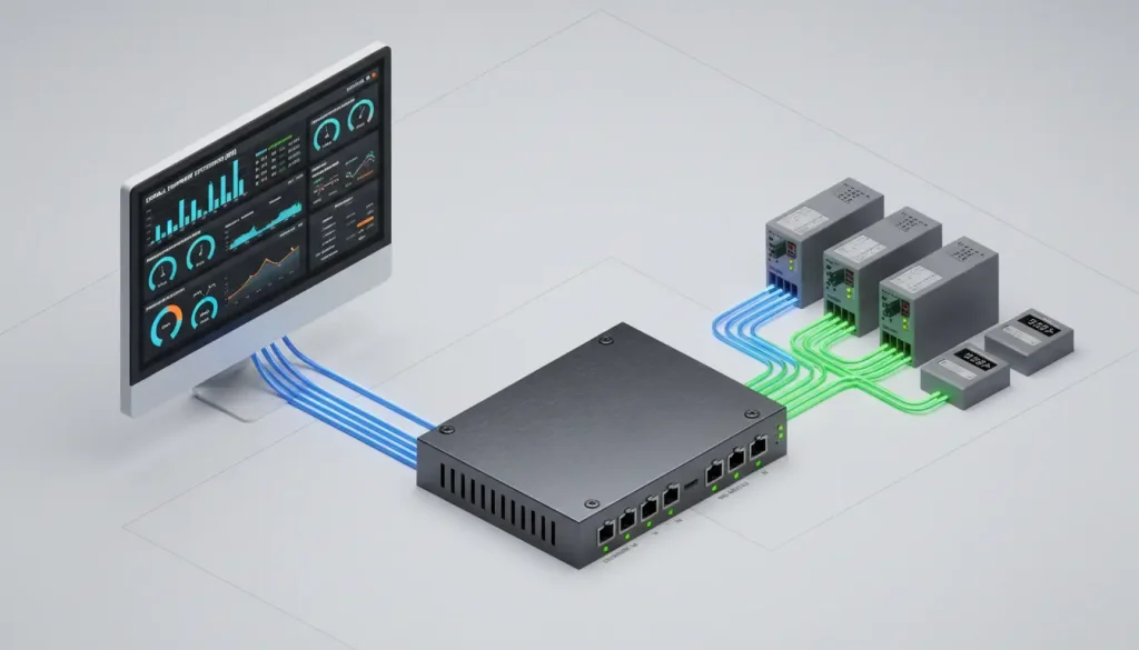 Network topology diagram showing Valtoris serial device server connecting RS485 Modbus RTU meters to a TCP/IP SCADA system.