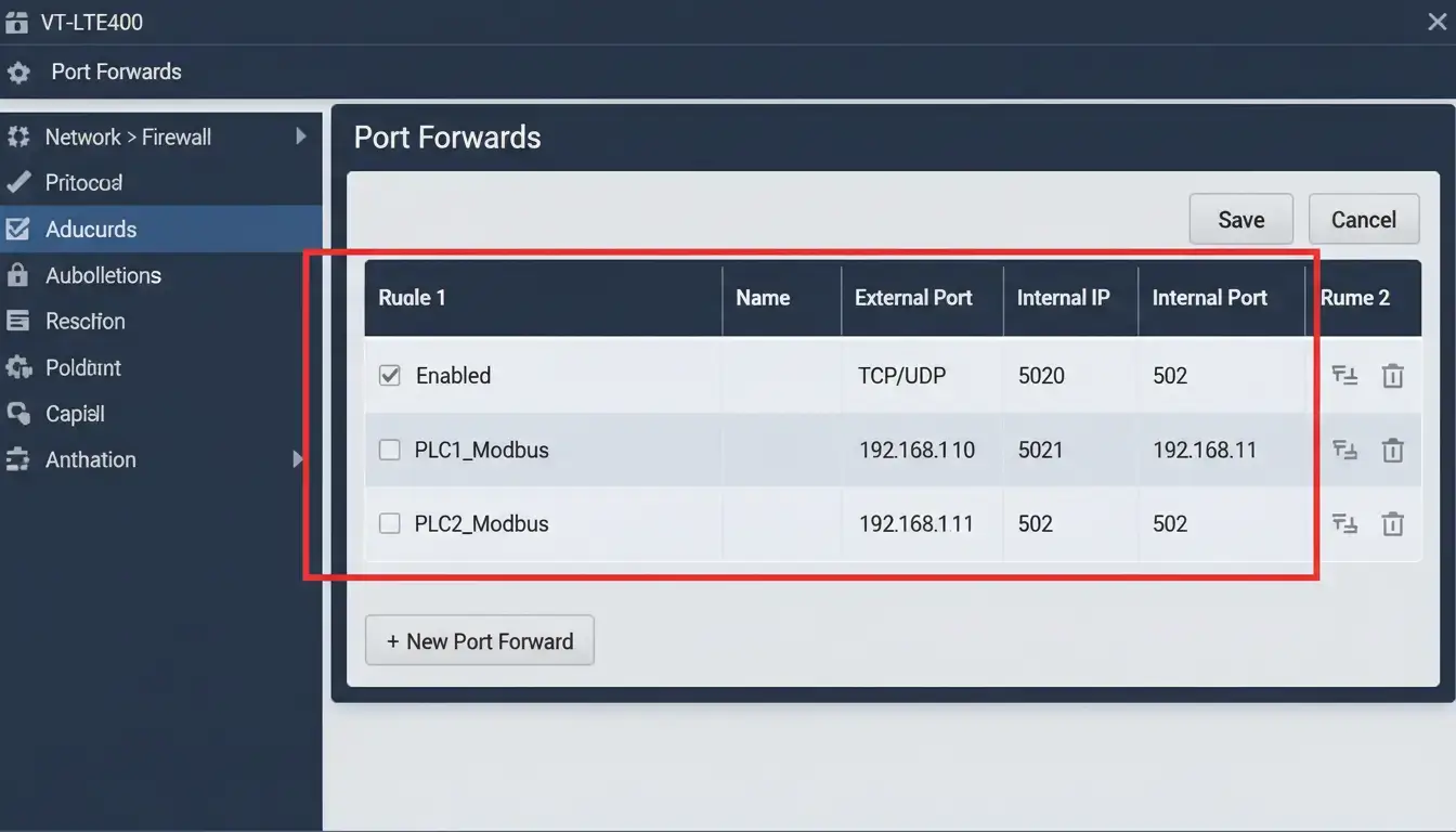 Configuring port forwarding on the VT-LTE400 to access multiple PLCs on a single public IP