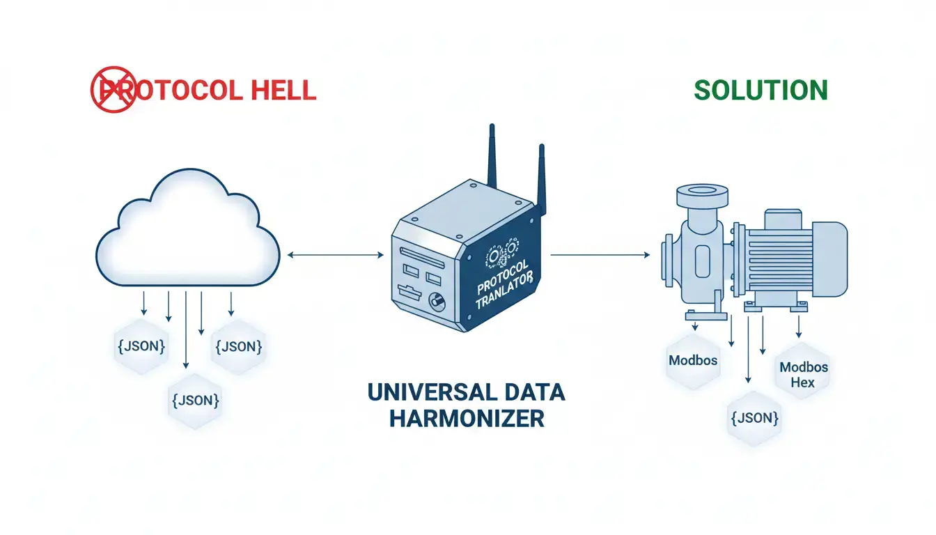Diagram showing MQTT JSON to Modbus TCP protocol conversion at the edge gateway