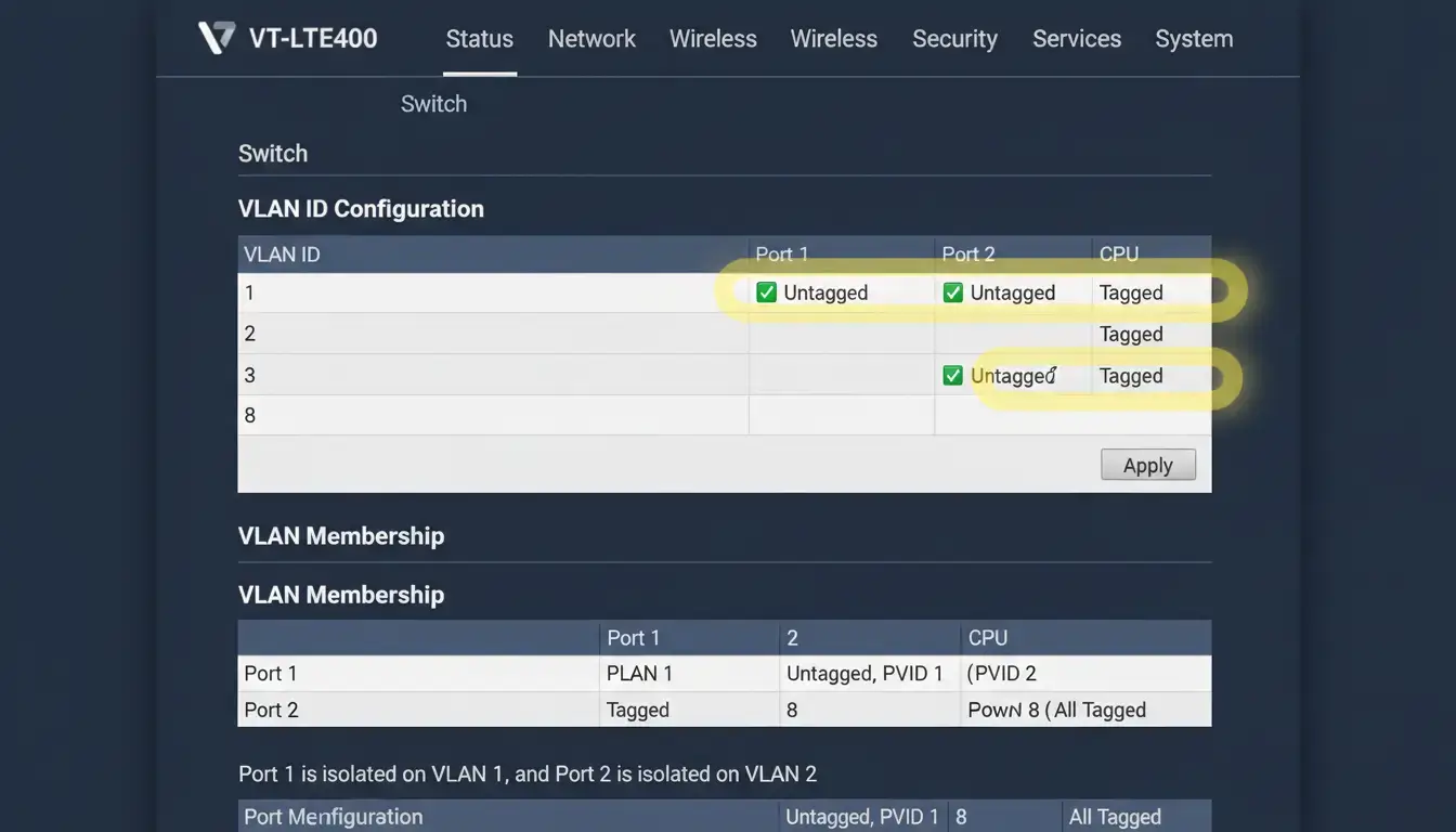 Configuring Switch VLAN on VT-LTE400 to isolate PLC traffic and fix broadcast storms