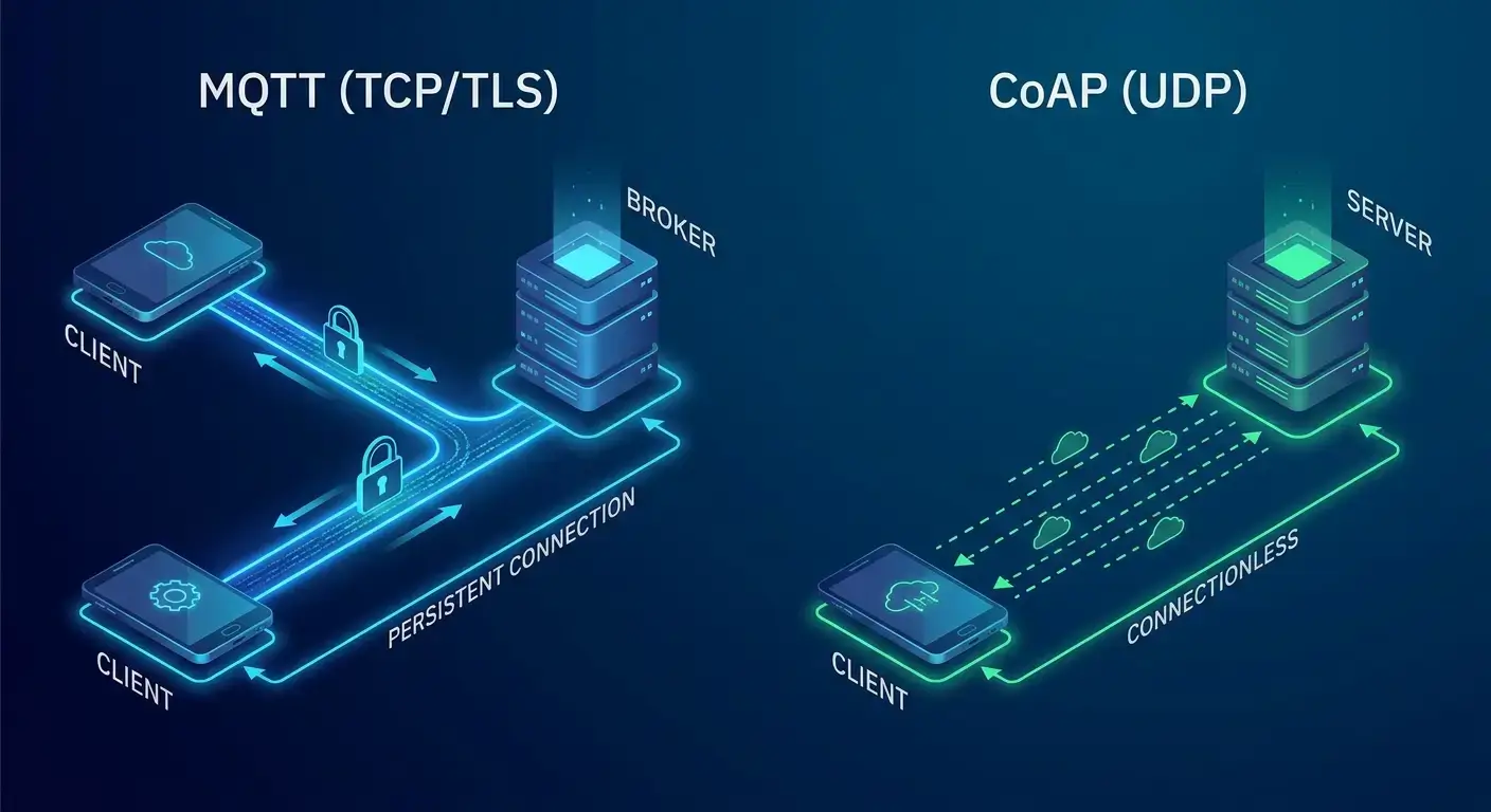 MQTT TCP vs CoAP UDP Network Architecture Diagram