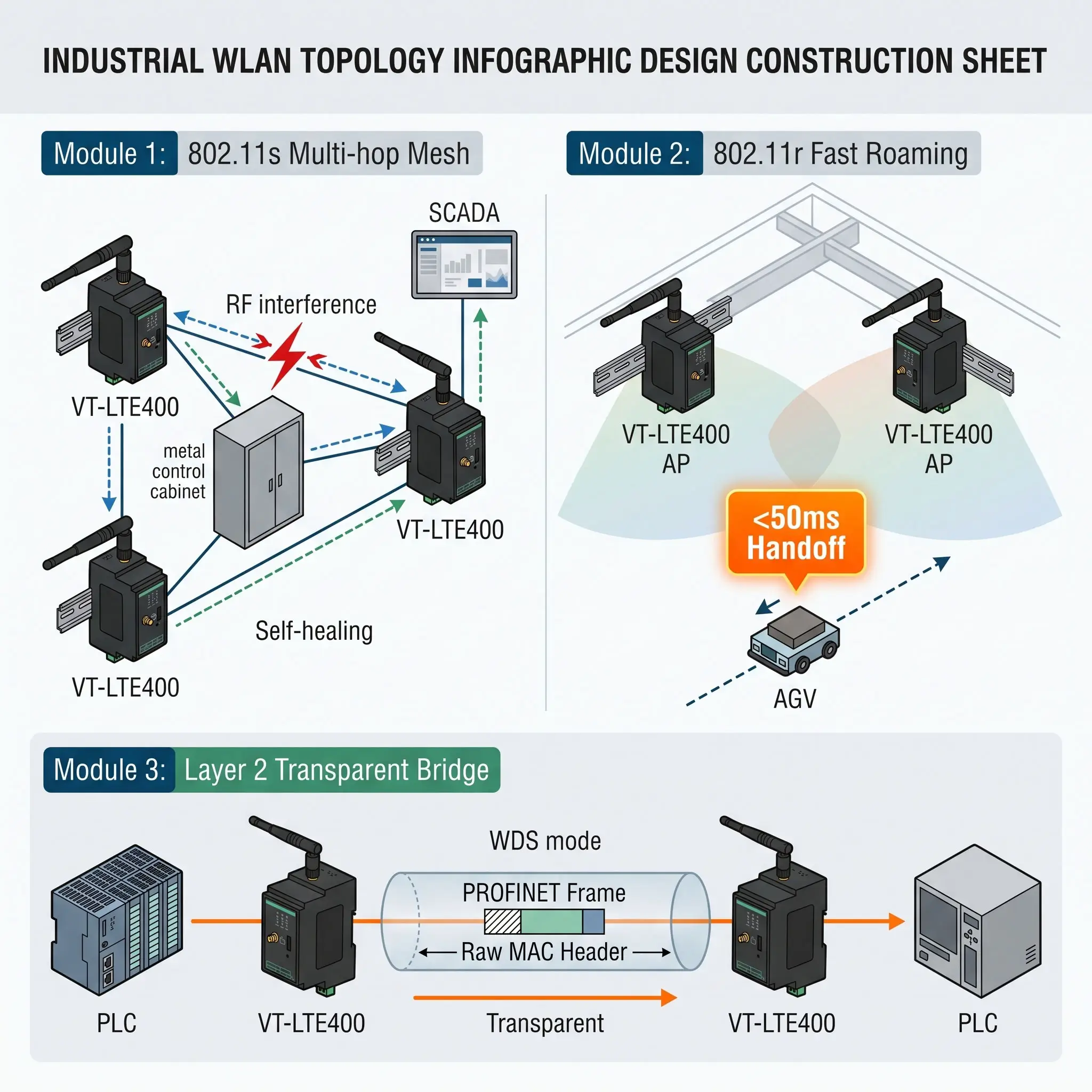 Industrial WLAN Topologies: 802.11s Mesh, 802.11r Fast Roaming, and Layer 2 Transparent Bridge