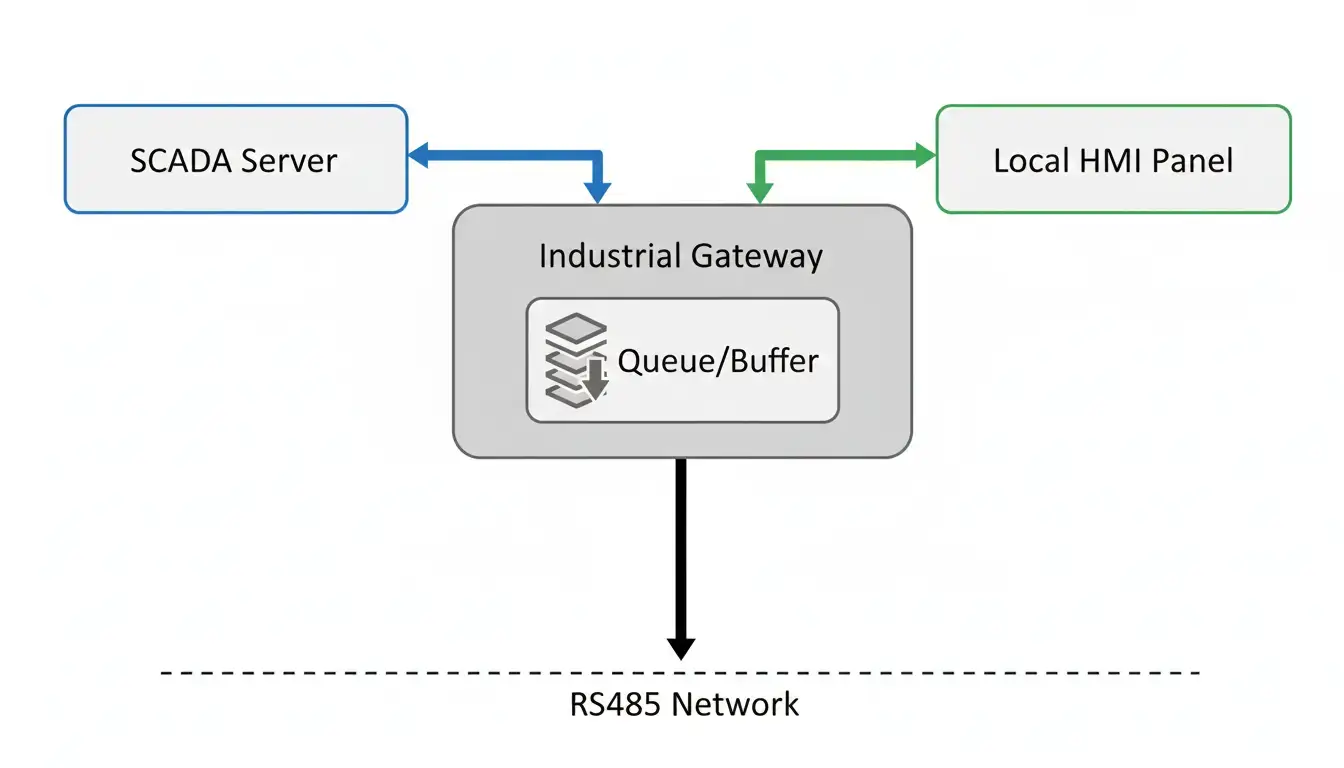 Diagram showing SCADA and HMI connecting to a Gateway, which then multiplexes requests to the RS485 bus