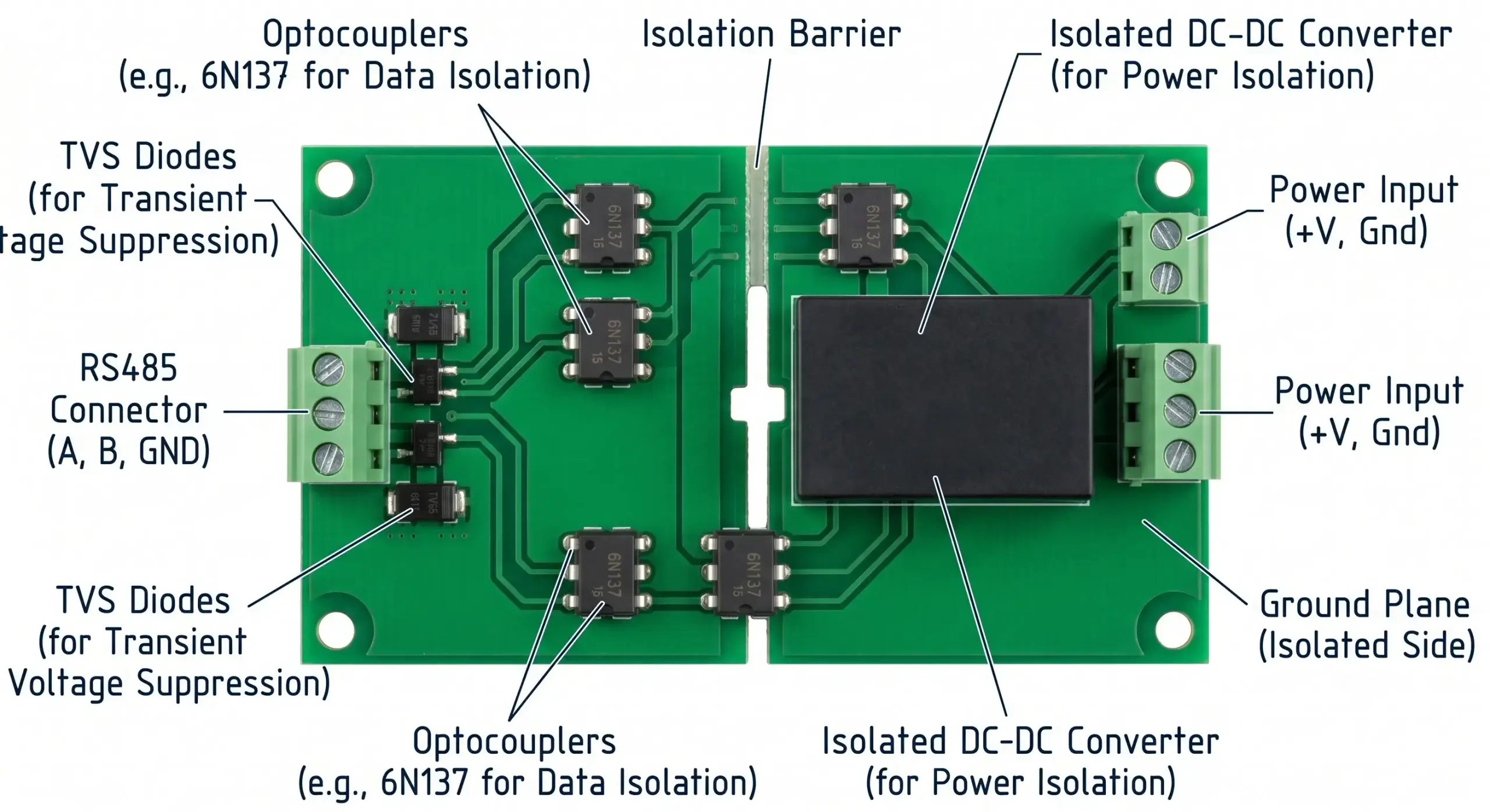 PCB teardown of an industrial RS485 optical isolator showing physical isolation gap, 6N137 optocouplers, and B0505S isolated DC-DC converter
