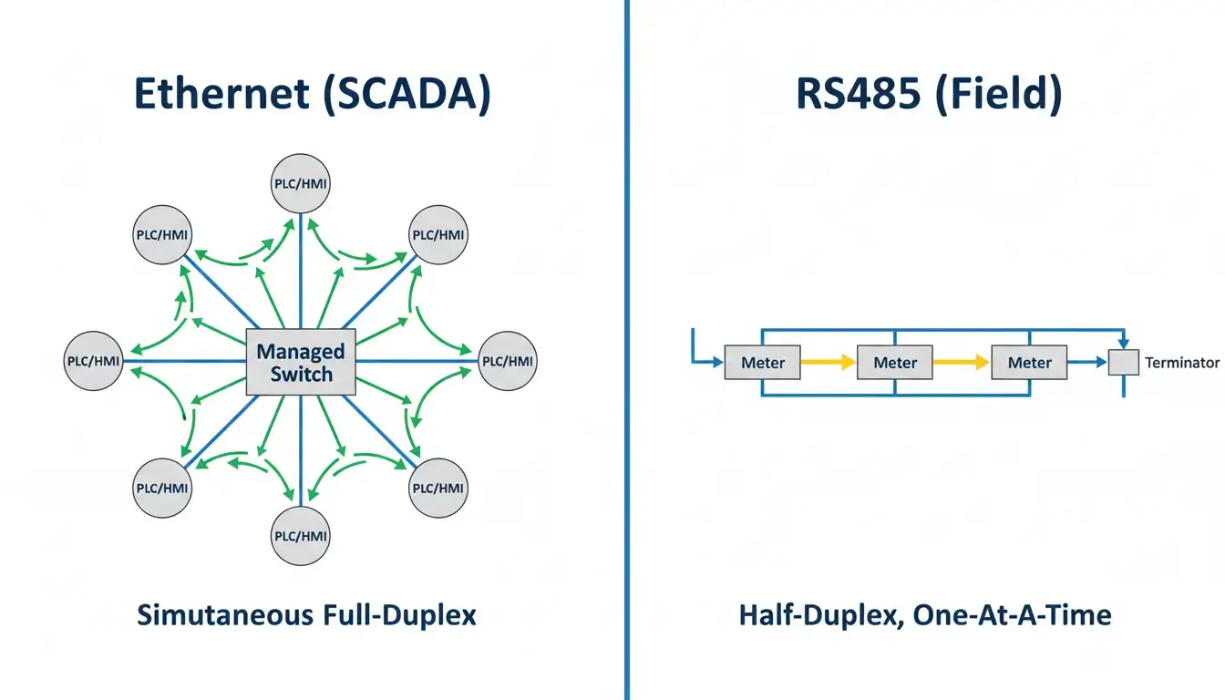 Diagram comparing Ethernet Star Topology with Full-Duplex simultaneous traffic vs RS485 Daisy-Chain Half-Duplex traffic
