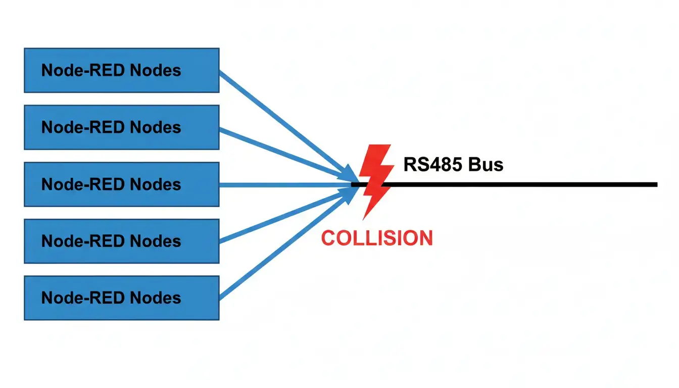 Diagram showing Node-RED parallel requests colliding on a single-lane RS485 bus