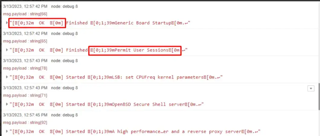 Node-RED debug logs showing system startup and serial communication errors