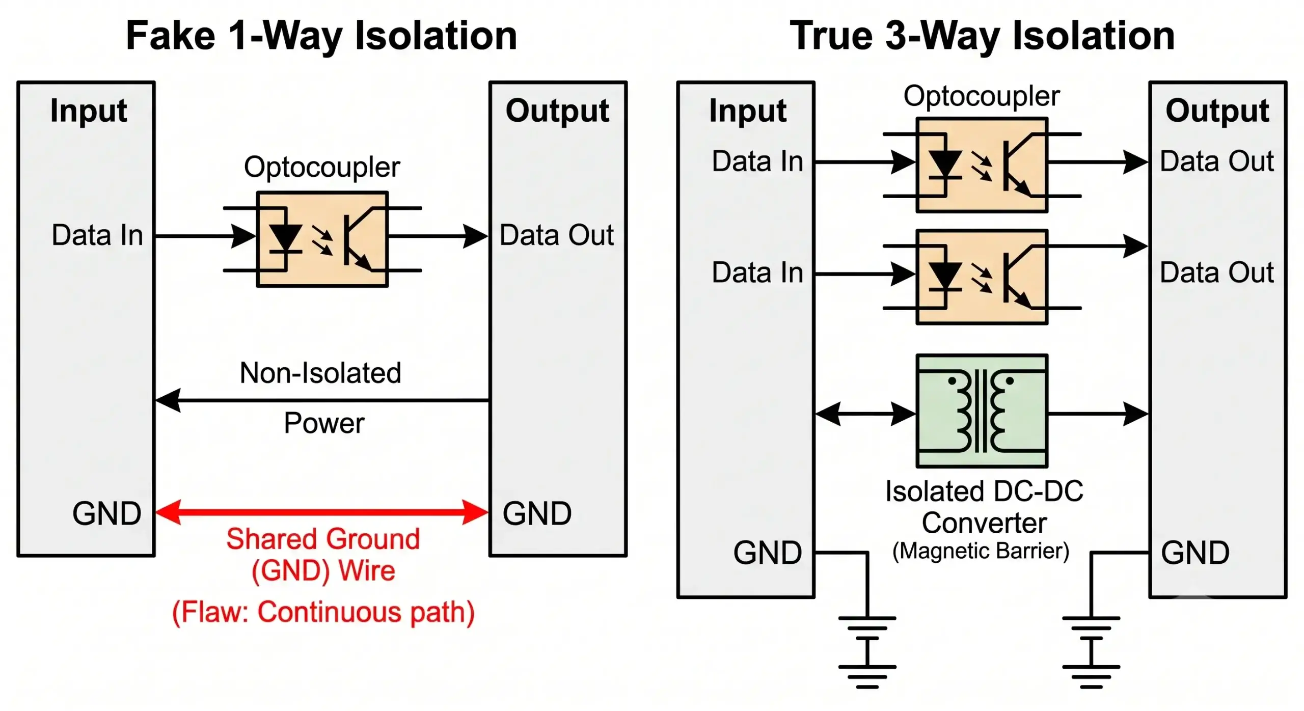 Block diagram comparing fake 1-way isolation with shared ground versus true 3-way industrial isolation separating input, output, and power