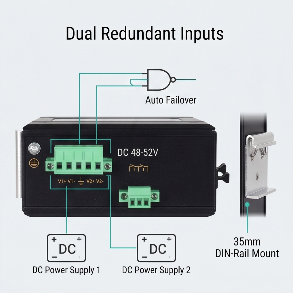 Dual Redundant DC Power Terminal Block on DIN-Rail Switch