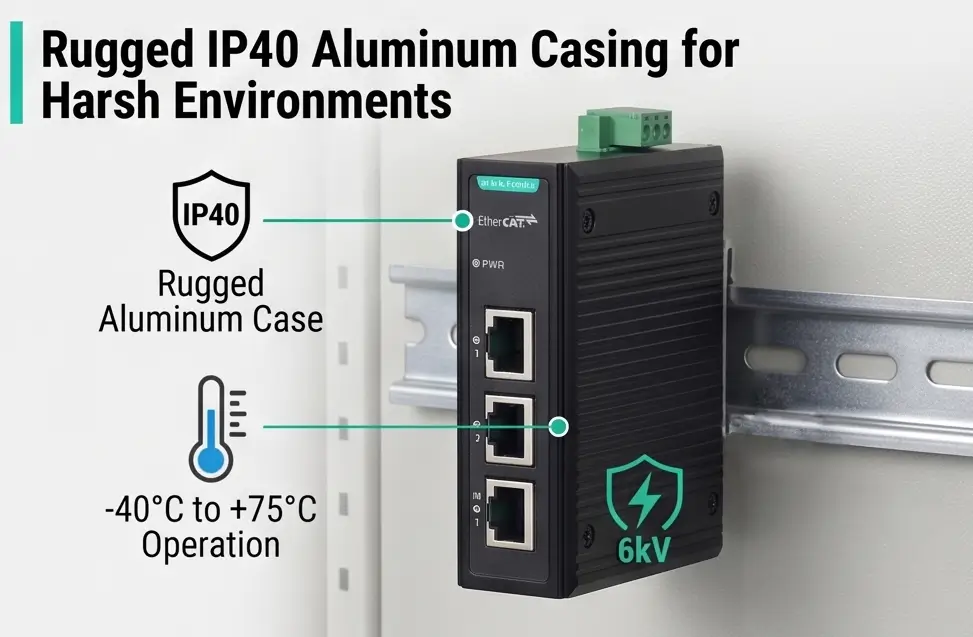 Rugged IP40 Aluminum Casing DIN-Rail EtherCAT Switch