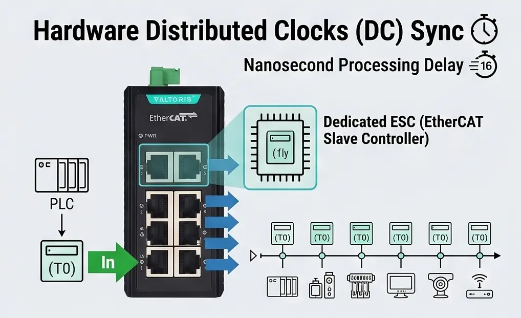 Diagram showing Hardware Distributed Clocks (DC) synchronization and zero jitter processing