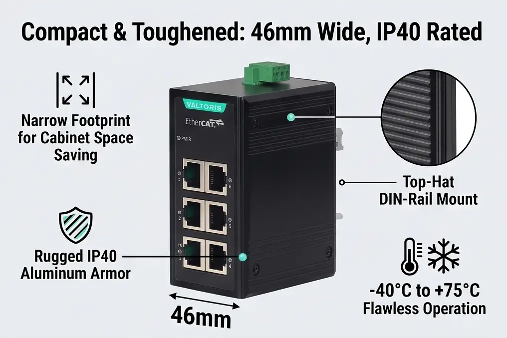 Dimensions showing the compact 46mm footprint and rugged IP40 aluminum housing
