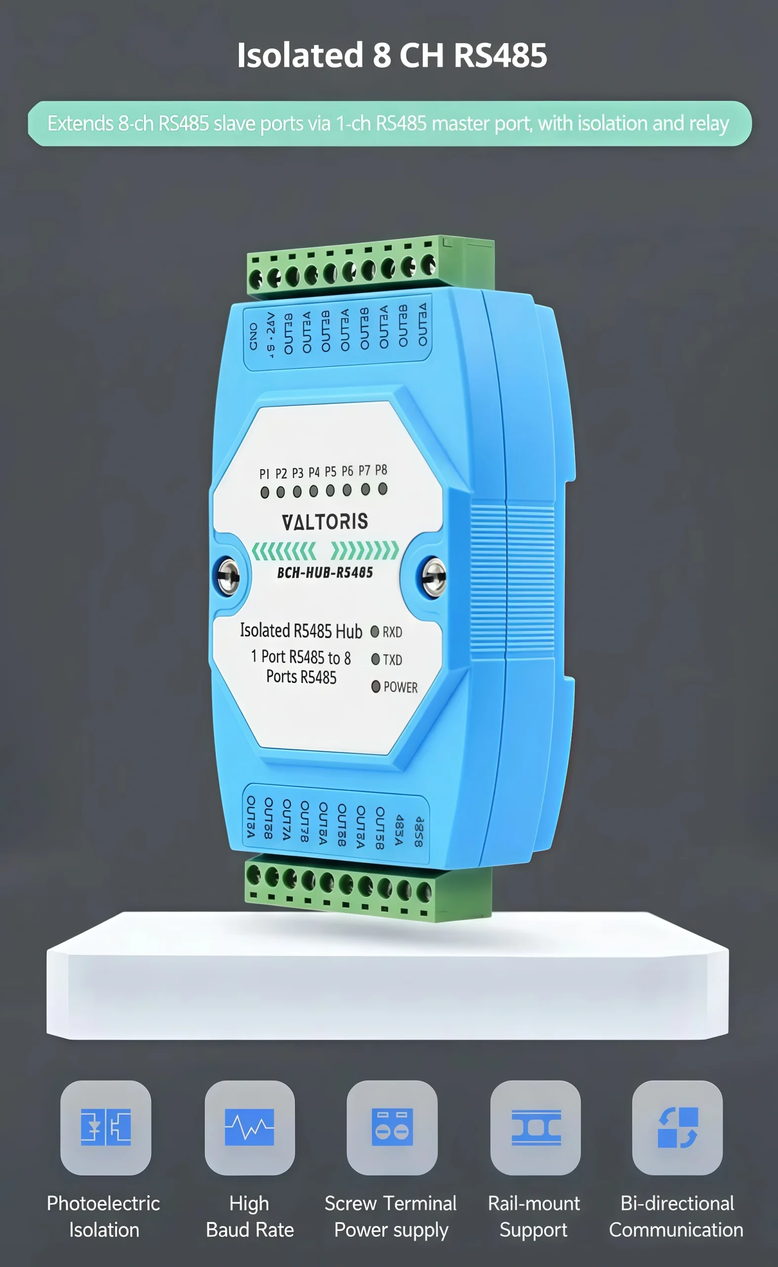 Industrial 8-Port RS485 Hub features overview