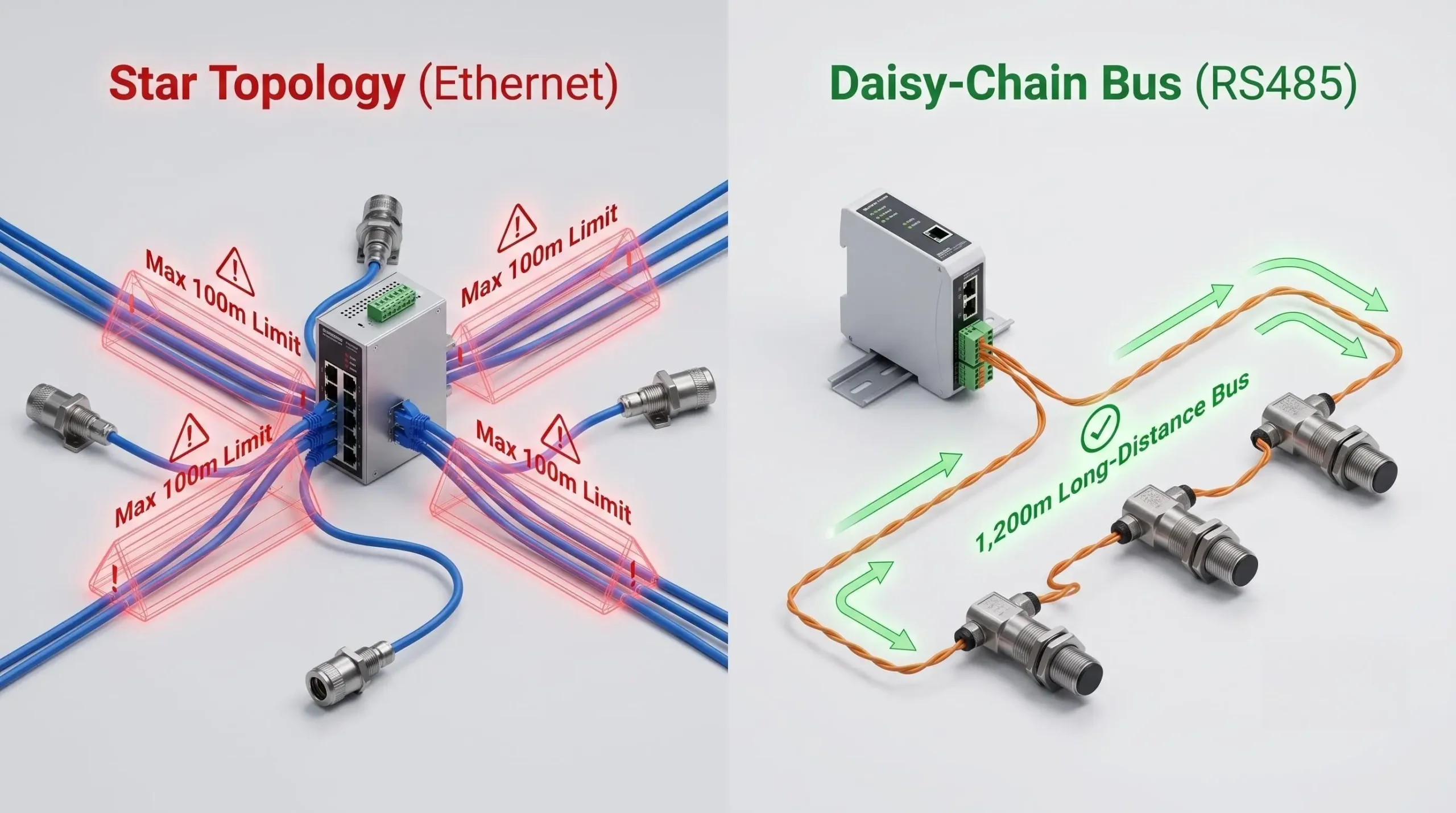 Comparison of Star Topology (Ethernet) vs Daisy-Chain Topology (RS485) for Industrial Sensor Wiring