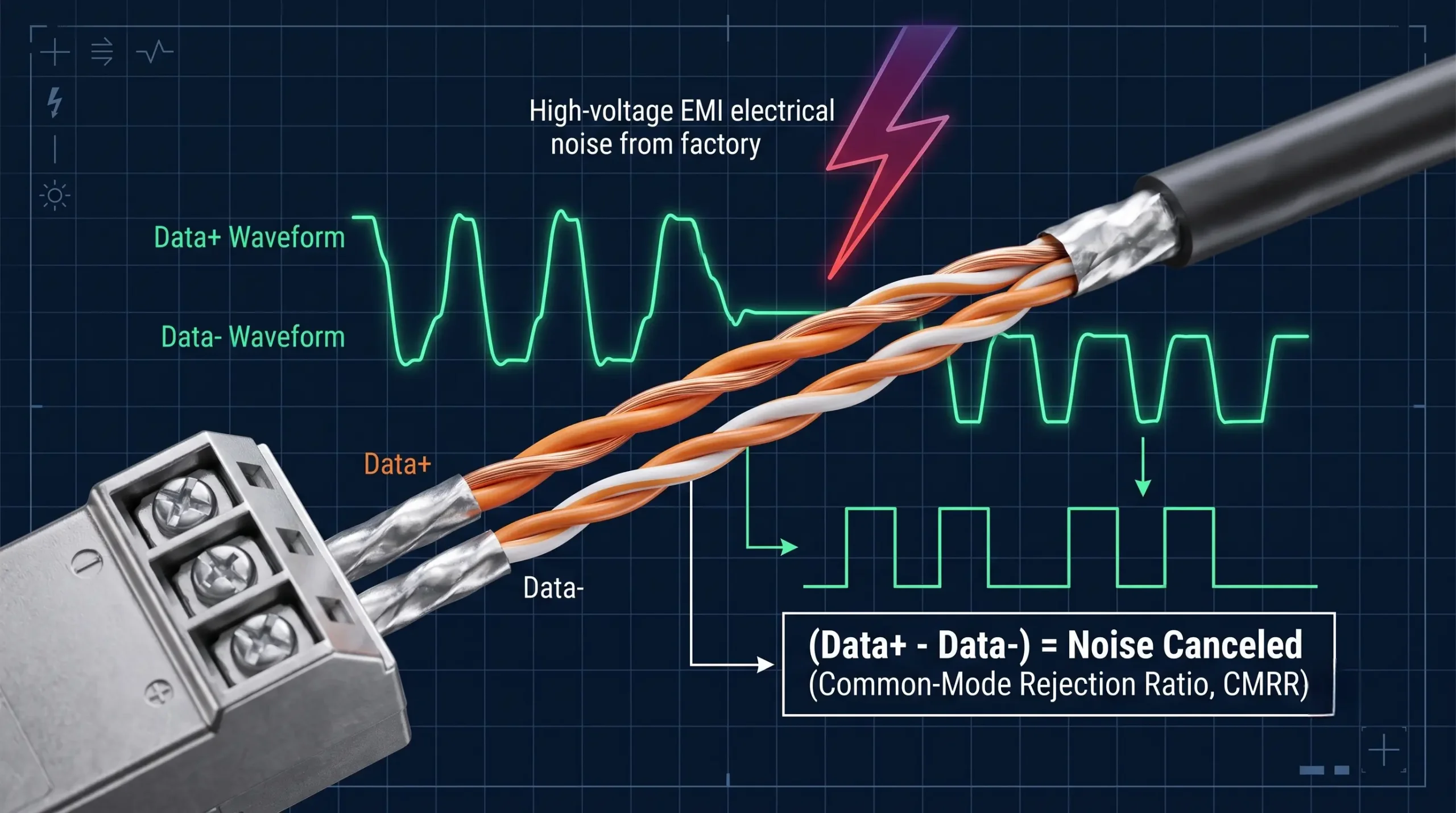 Differential Signaling Waveform Showing Common-Mode Noise Rejection (CMRR) in RS485 Networks