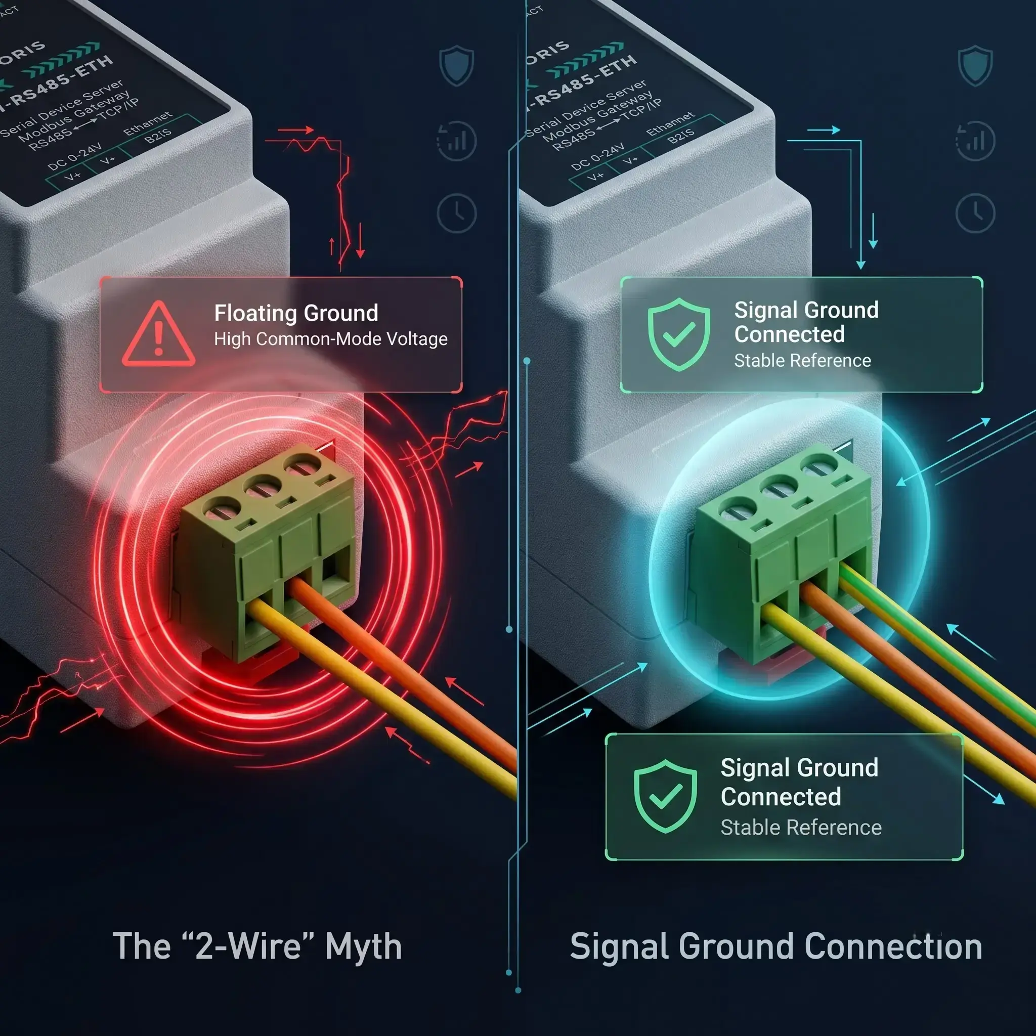 RS485 2-wire vs 3-wire signal ground diagram