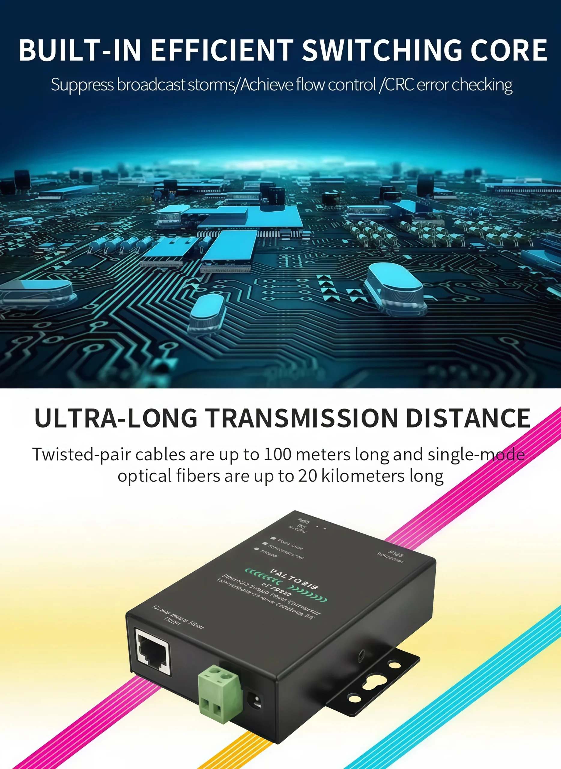 Built-in efficient switching core and 20km ultra-long transmission