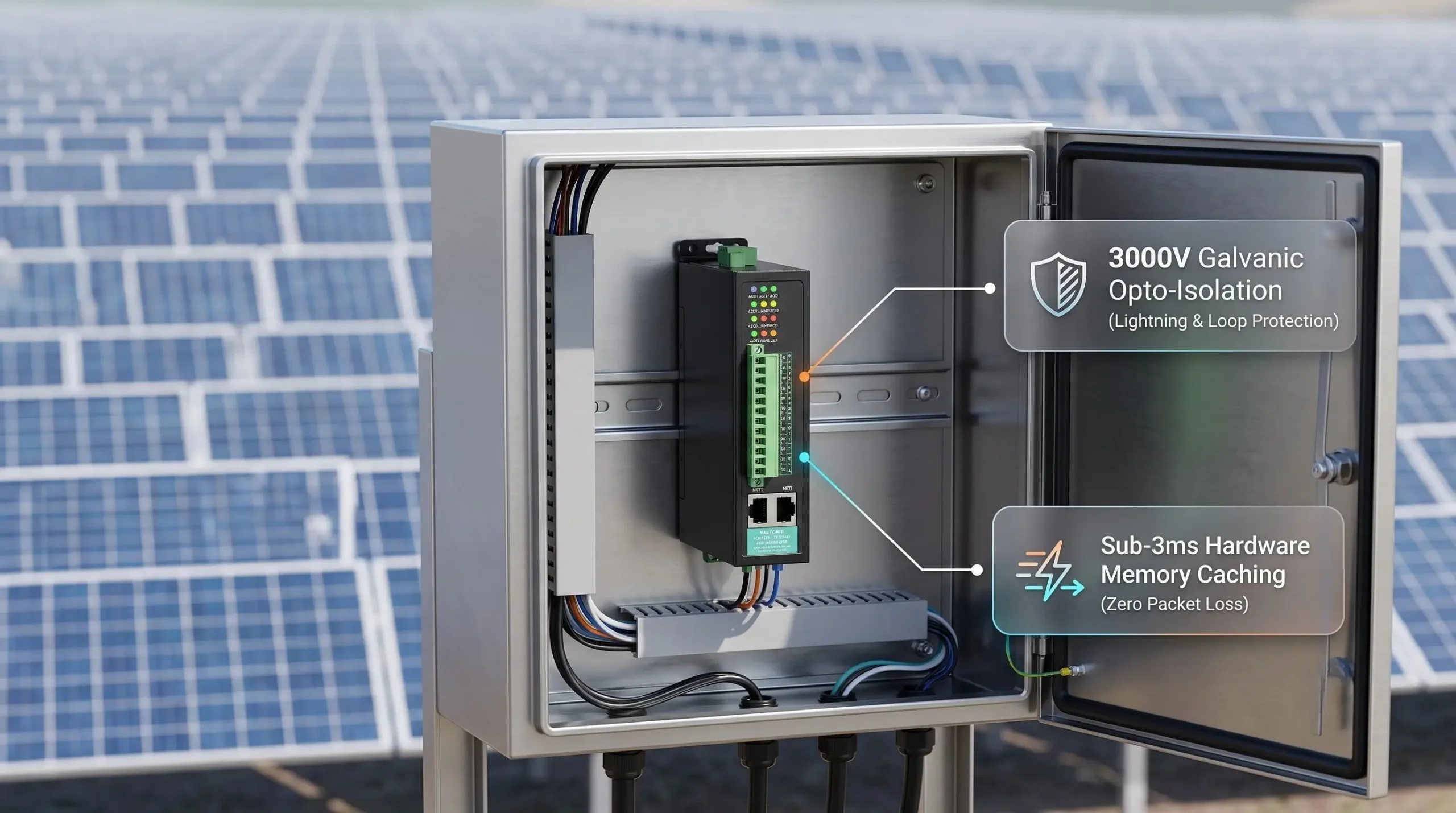 Valtoris SS105 Isolated Modbus Gateway Installed in a Solar Farm Control Cabinet preventing timeouts