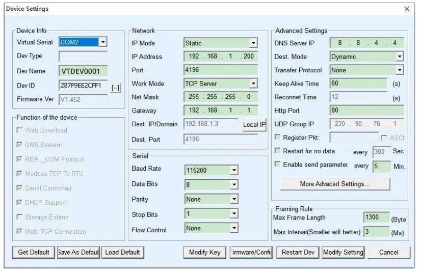 VirCom software interface for Modbus RTU module configuration