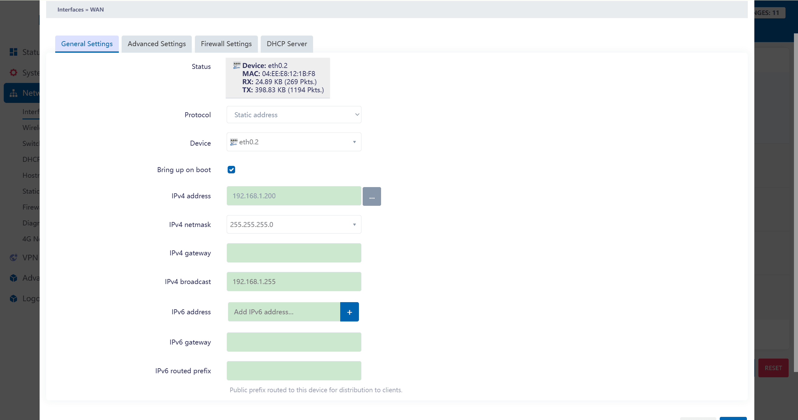 Setting Static IPv4 Address for WAN