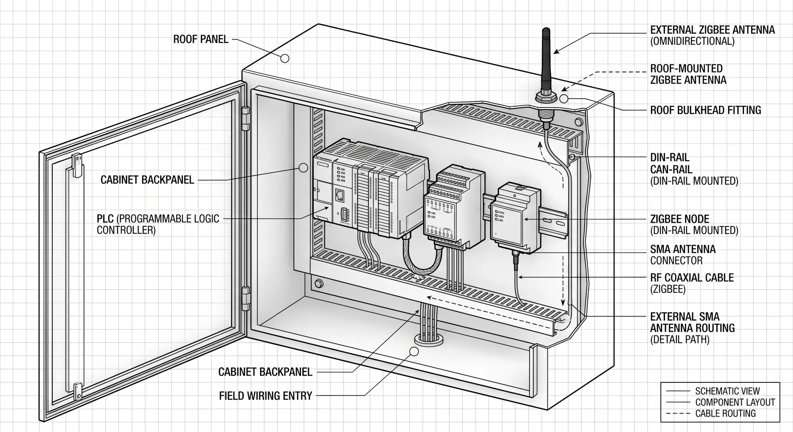 3D schematic of an industrial control cabinet with RS485 Remote I/O and Zigbee node with external SMA antenna