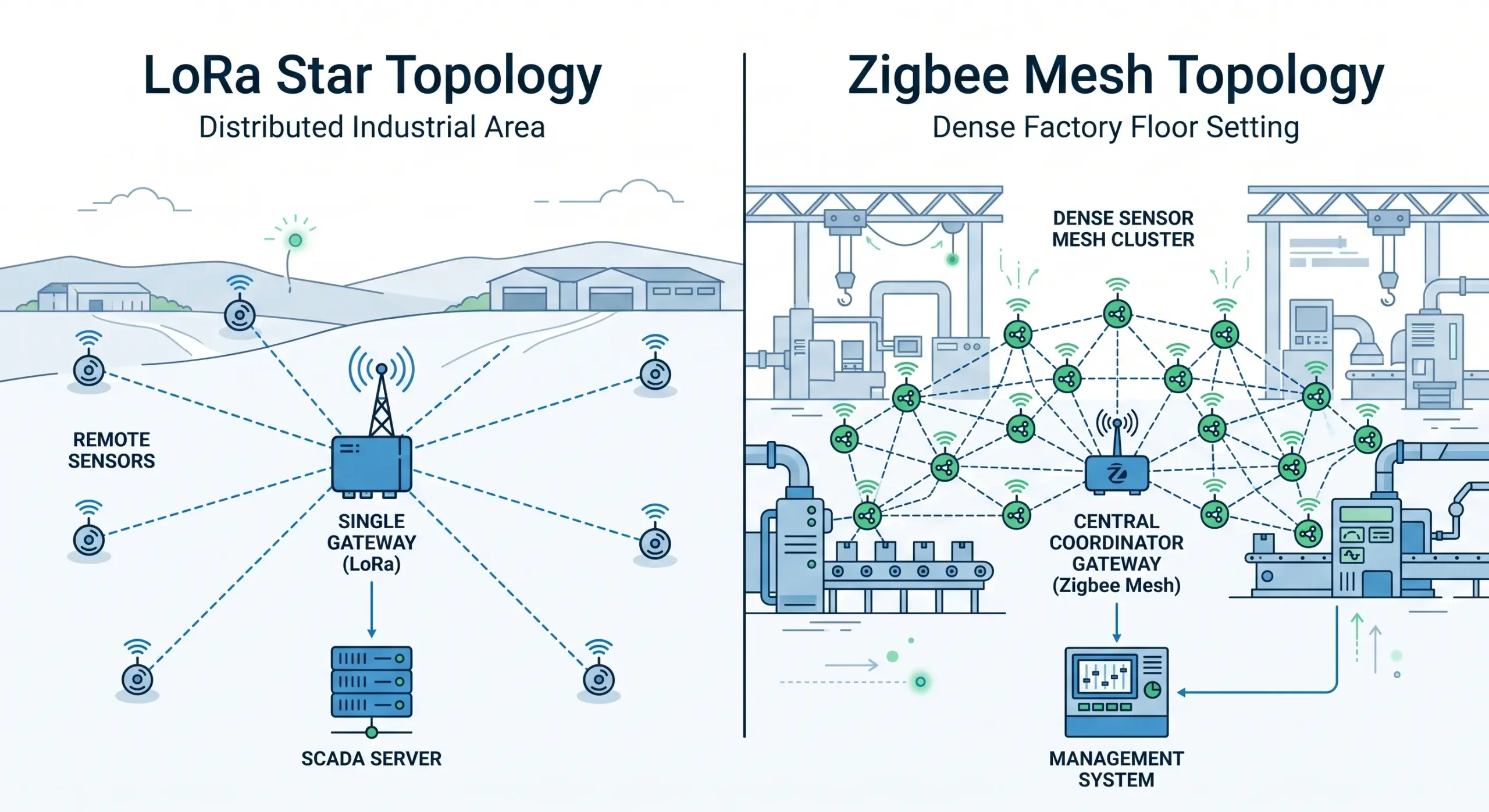 A split diagram showing both architectures: Left LoRa with distant devices to gateway, Right Zigbee mesh