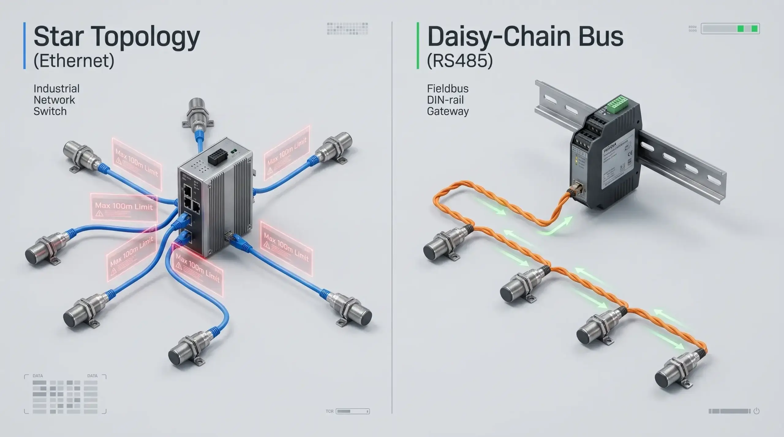 Comparison of Star Topology (Ethernet) vs Daisy-Chain Topology (RS485) for Industrial Sensor Wiring