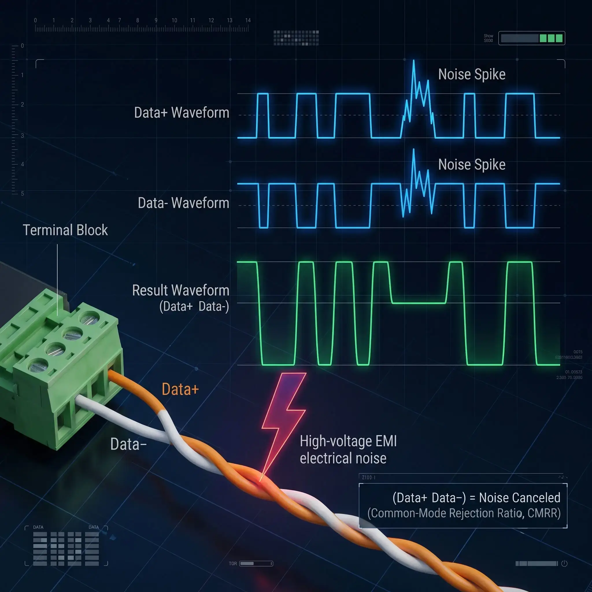 Differential Signaling Waveform Showing Common-Mode Noise Rejection (CMRR) in RS485 Networks