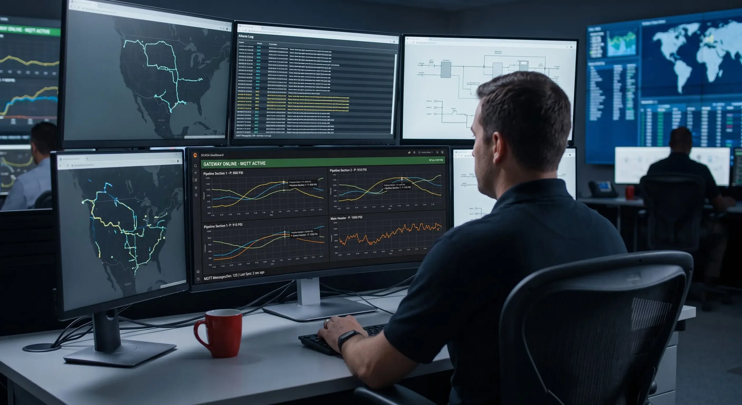 Engineer remotely troubleshooting pipeline SCADA system from control room