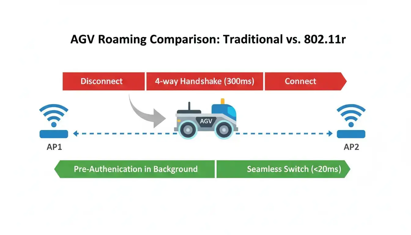 Standard WiFi vs 802.11r Roaming Comparison of standard WiFi handover vs 802.11r Fast Transition for AGV WiFi roaming disconnects