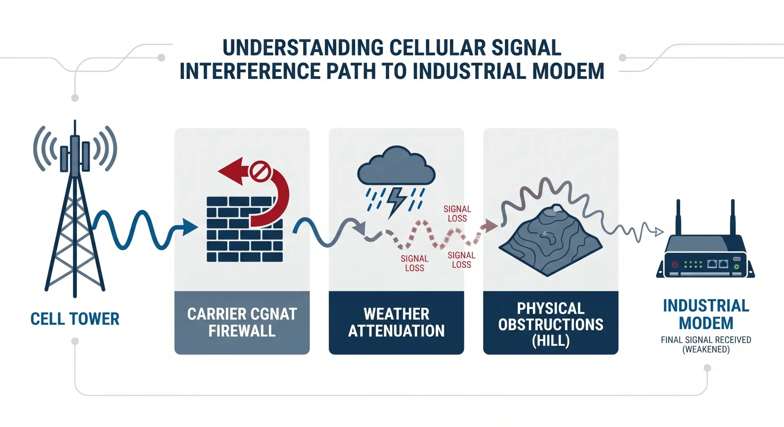 Infographic showing 4G LTE signal attenuation factors for SCADA telemetry