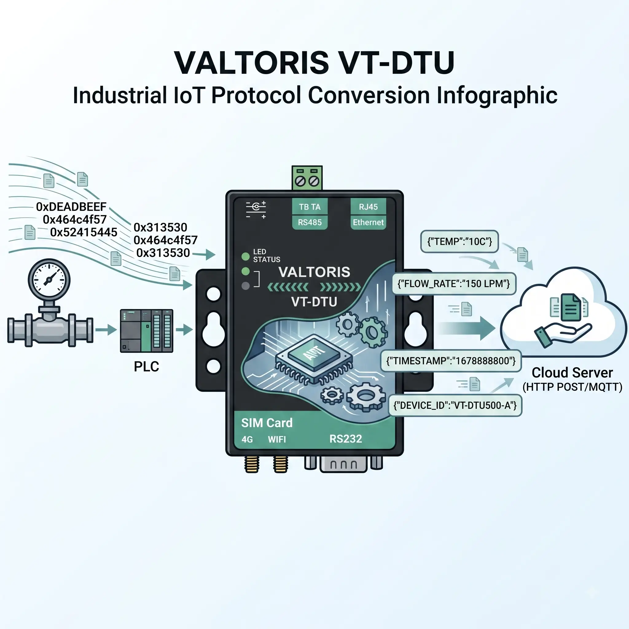 JSON Gateway function converting Modbus RTU and DLT-645 to JSON format