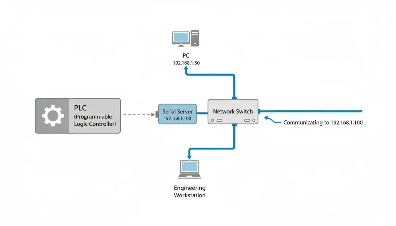 PLC connected to Ethernet via Serial Server
