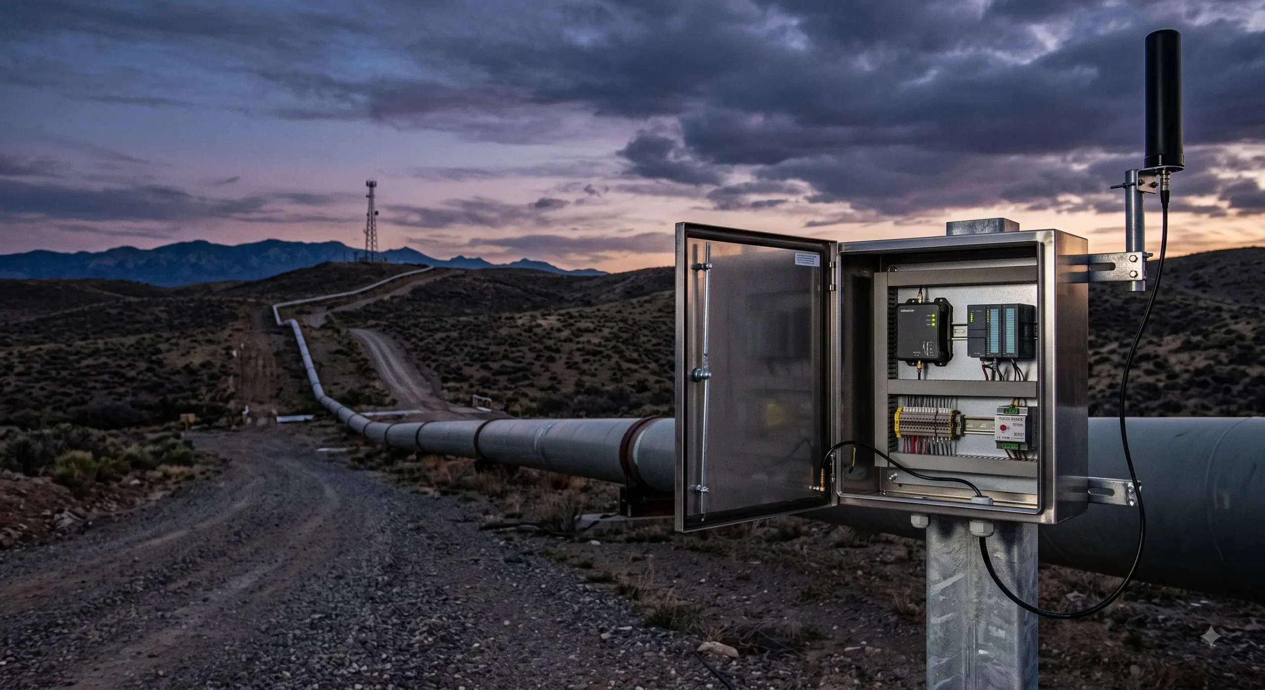 Pipeline monitoring system with cellular tower in remote landscape