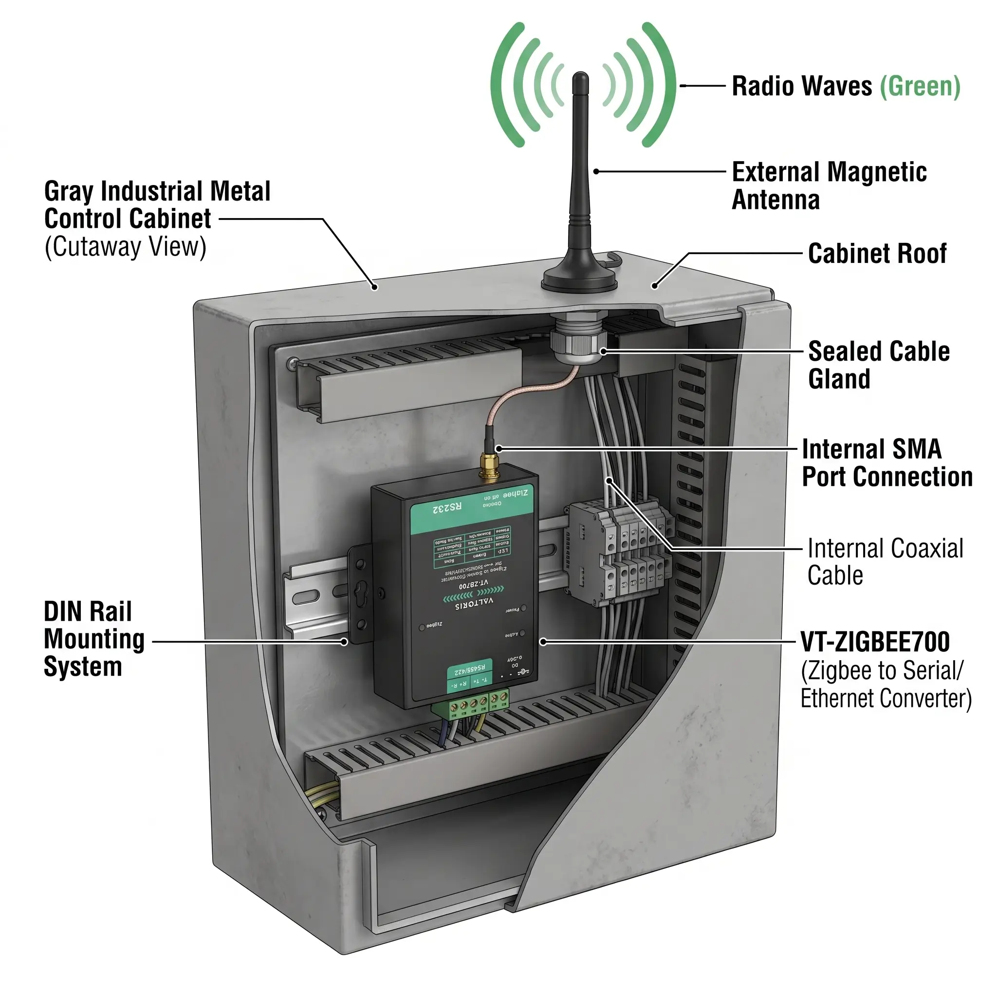 Proper external SMA antenna mounting on an industrial metal control cabinet to prevent Faraday cage signal loss