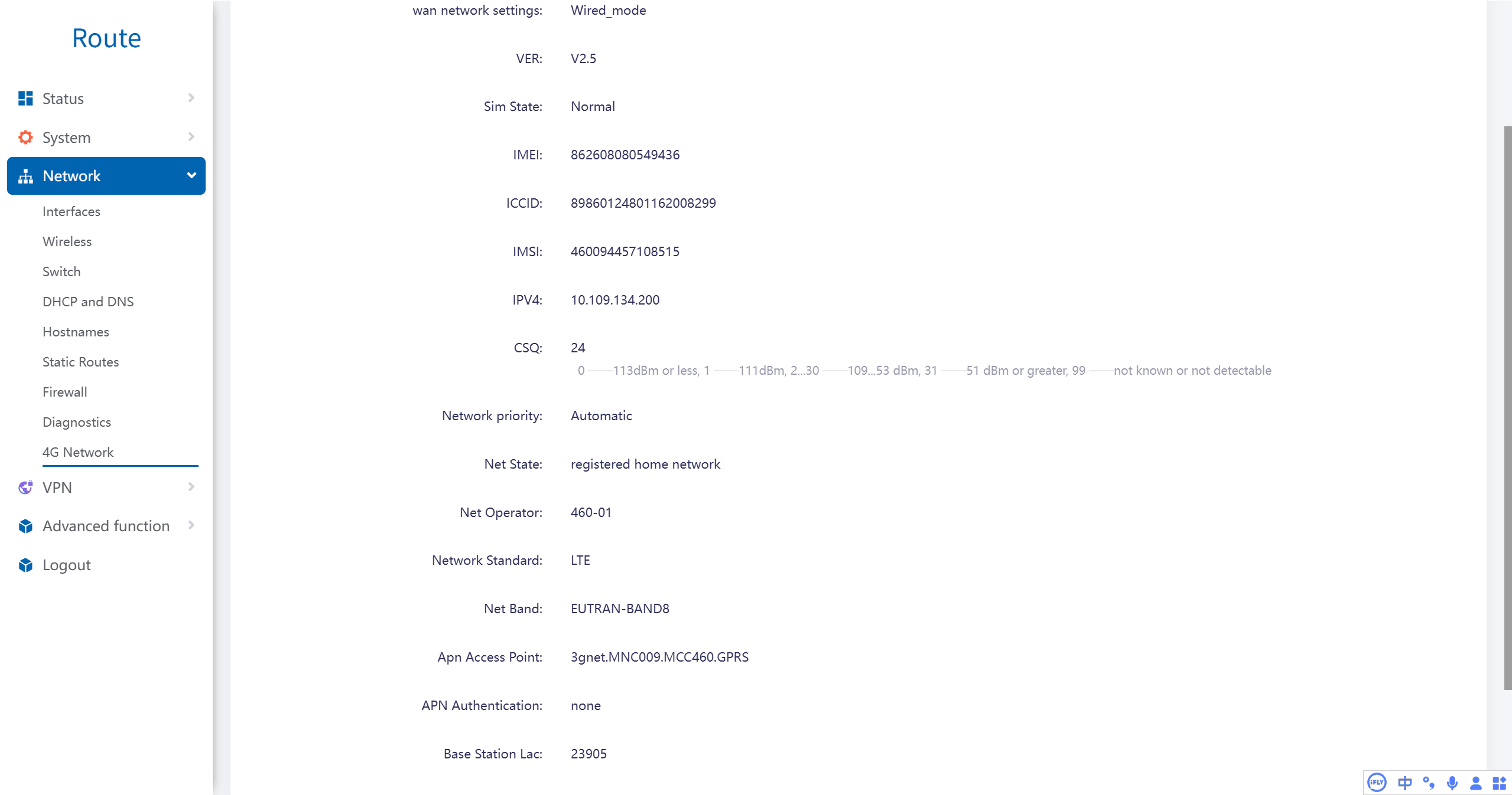 Valtoris Gateway 4G LTE Network Status Page showing successful connection