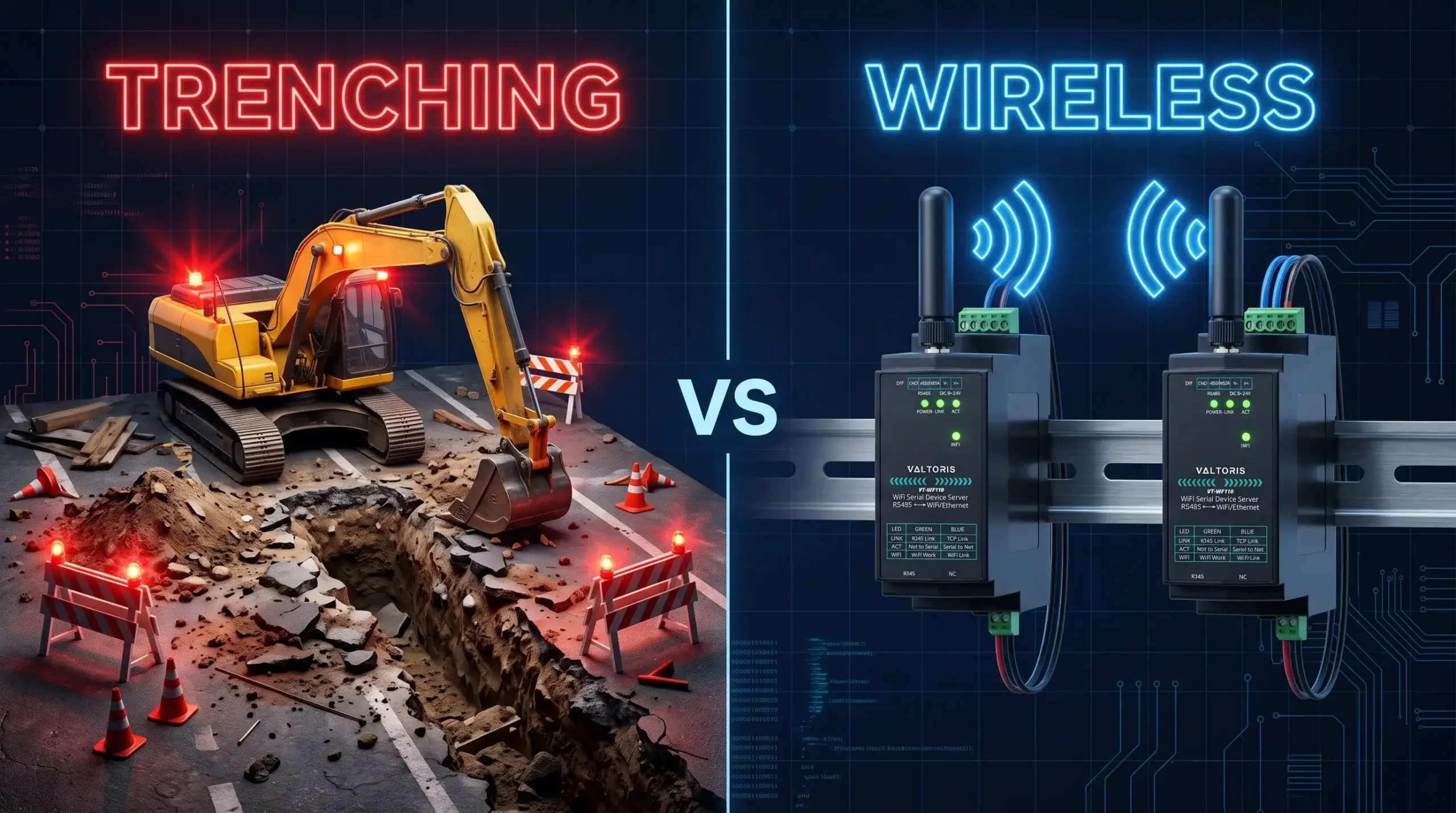 Cost comparison between physical cable trenching and wireless RS485 bridge deployment