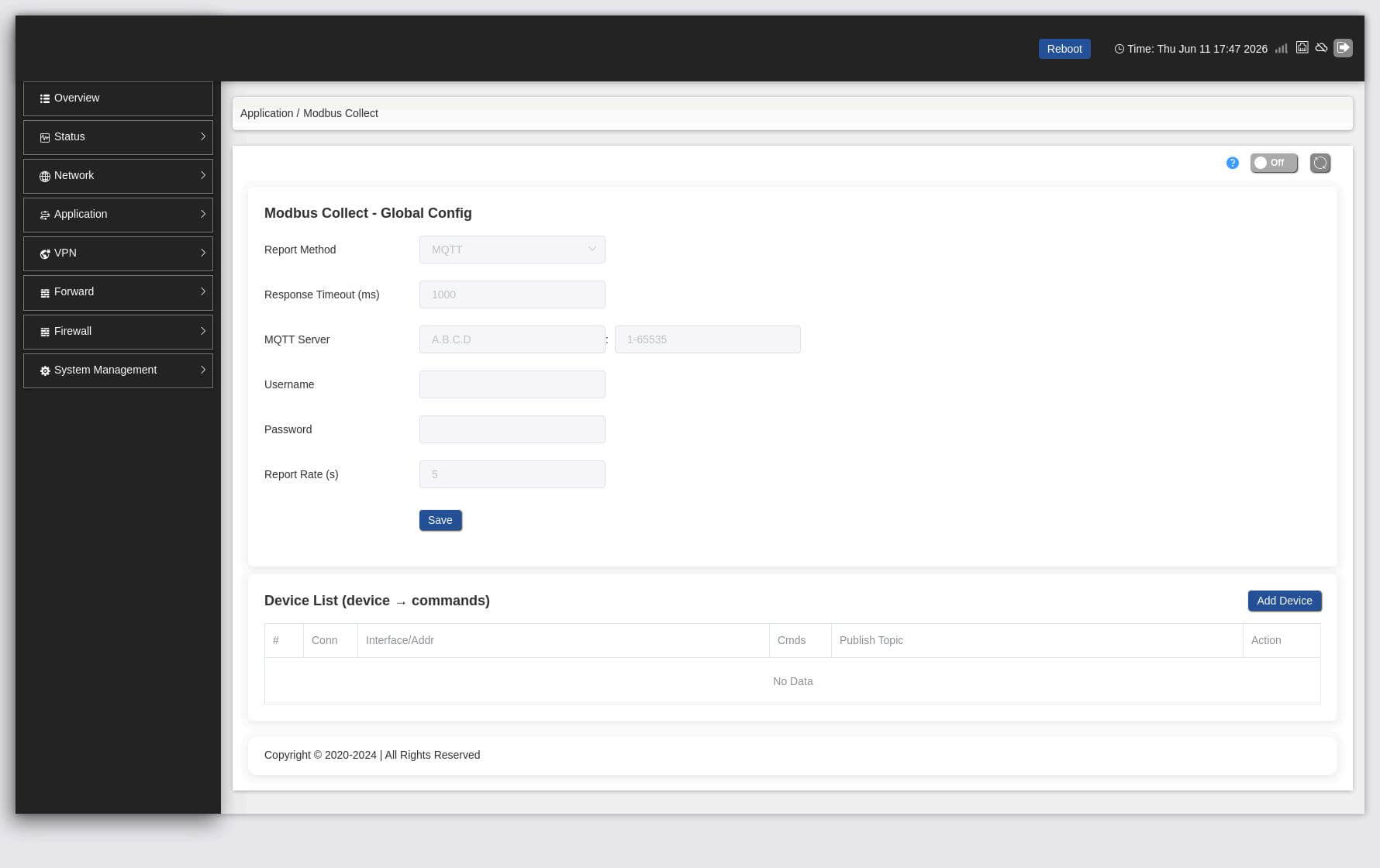 Valtoris Web UI Modbus Collect to JSON MQTT mapping