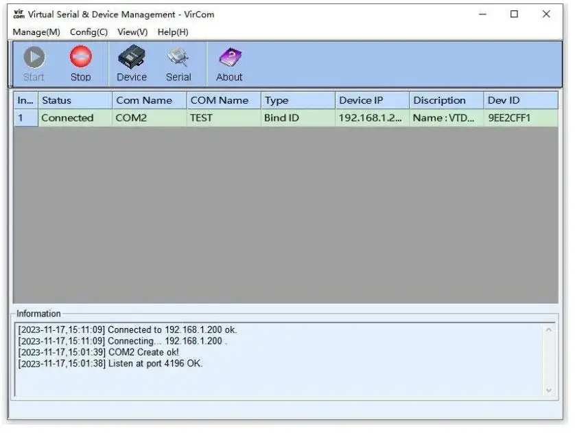 Valtoris VirCom utility successfully mapping a remote IP to a virtual COM port on Windows 11 without driver conflicts
