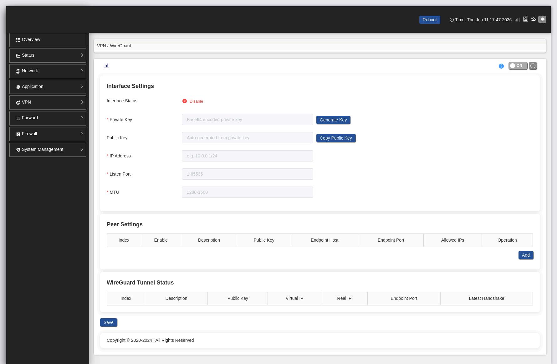 Industrial router VPN configuration interface showing WireGuard, OpenVPN, and IPsec options