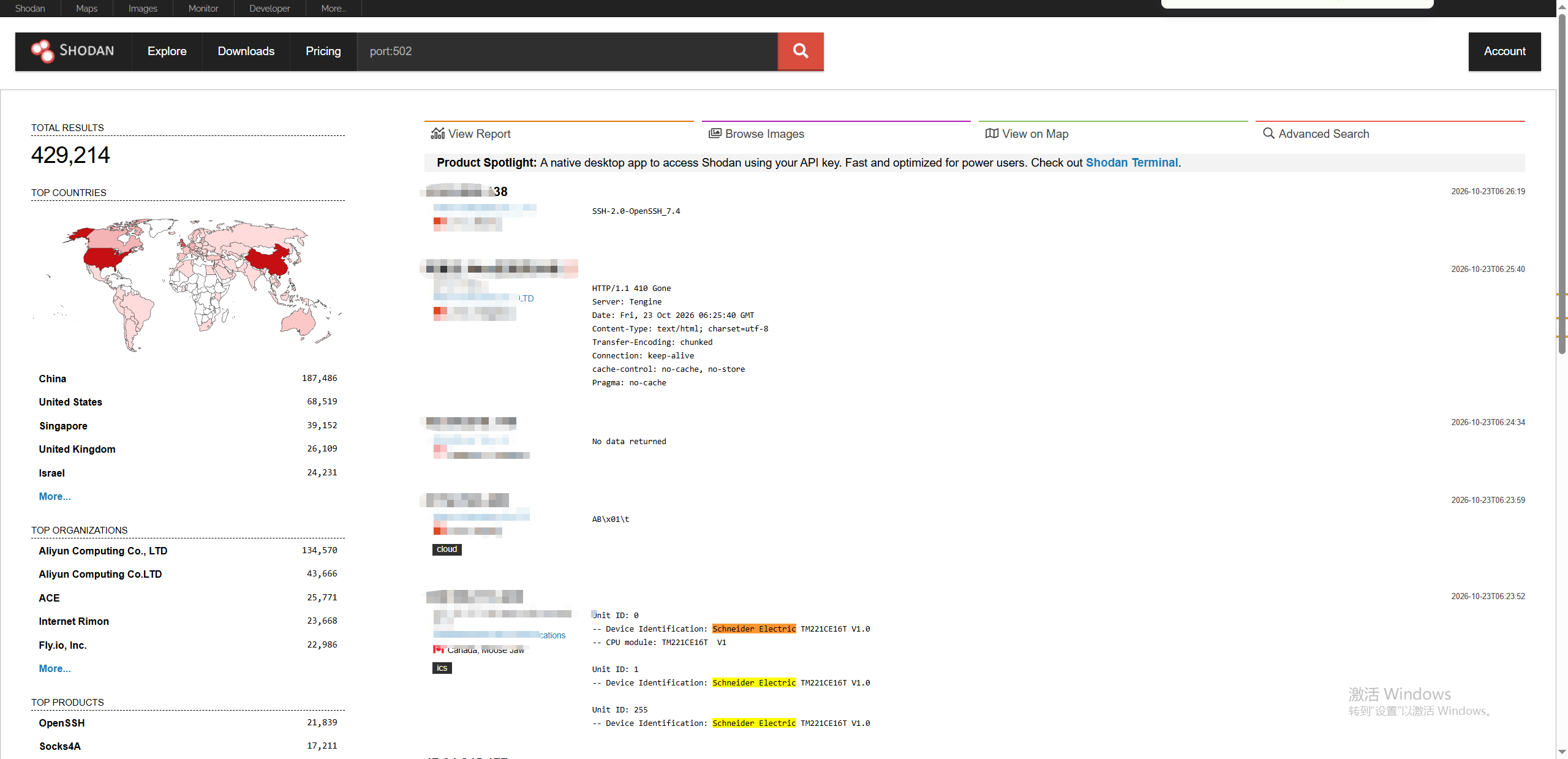 Shodan search engine results displaying vulnerable Modbus devices exposed on port 502